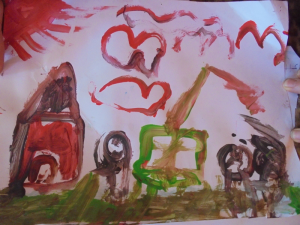Demolition of a home in East Jerusalem, as depicted by a child of the Amro family. The children continue to suffer from anxiety, trauma, and bed-wetting following the partial demolition of their home in 2015.
