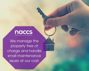 Image shows a person holding a key and a purple box saying 'NACCS. We manage the property free of charge and handle small maintenance issues at our cost