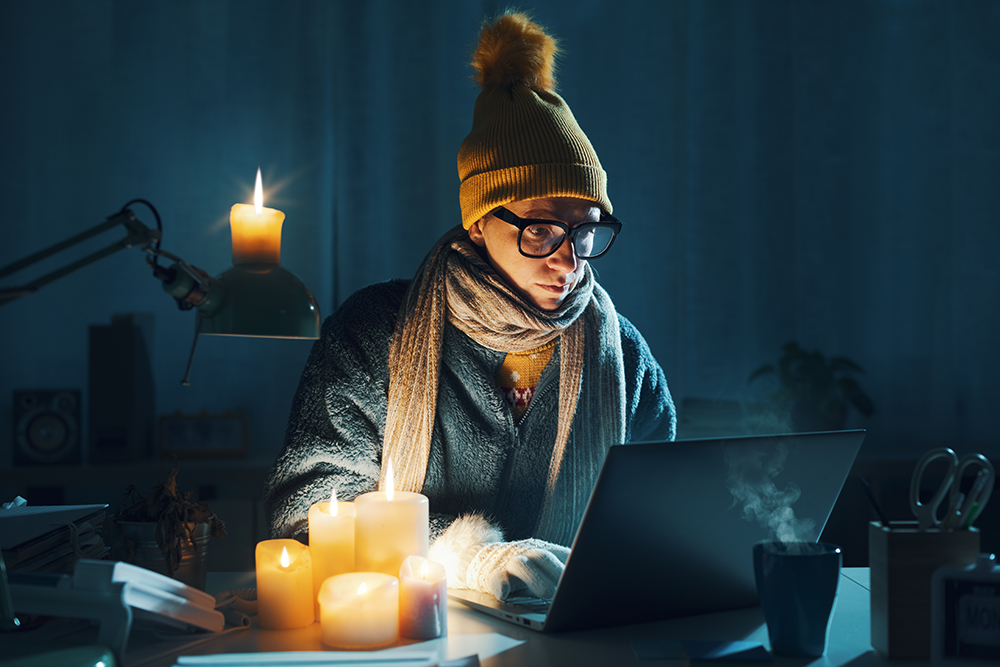 Broke sad woman feeling cold at home and working with her laptop by candlelight in order to save money on utility bills
